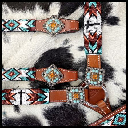 Beaded Cross & Southwest Design One Ear Headstall and Breastcollar 4 Piece Tack Set