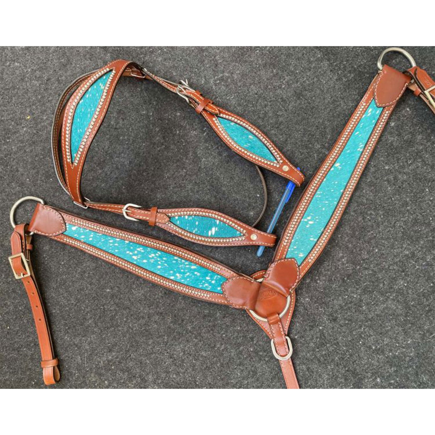 Teal Acid Wash Cowhide Inlay  Headstall and Breastcollar Tack Set