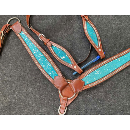 Teal Acid Wash Cowhide Inlay  Headstall and Breastcollar Tack Set