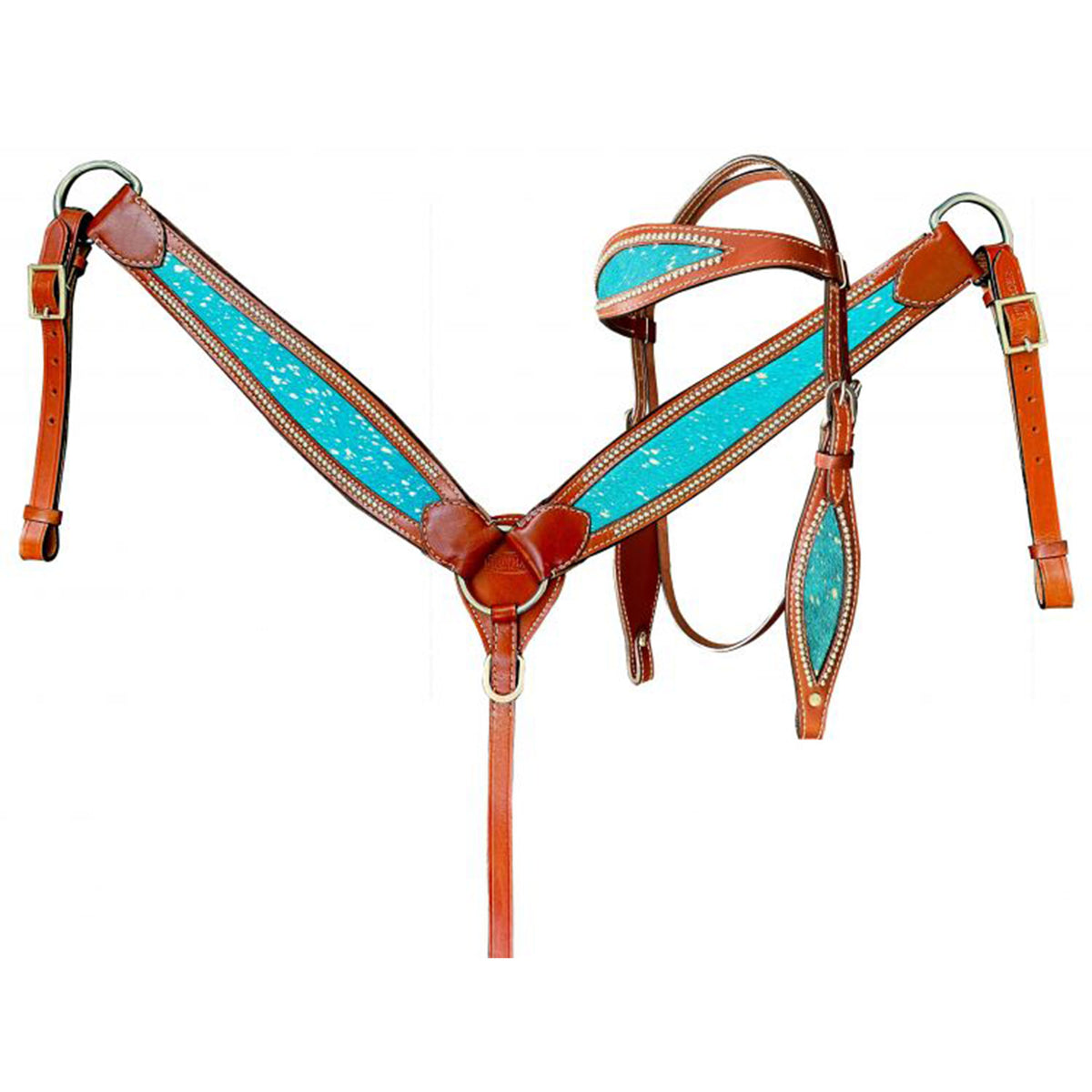 Teal Acid Wash Cowhide Inlay  Headstall and Breastcollar Tack Set