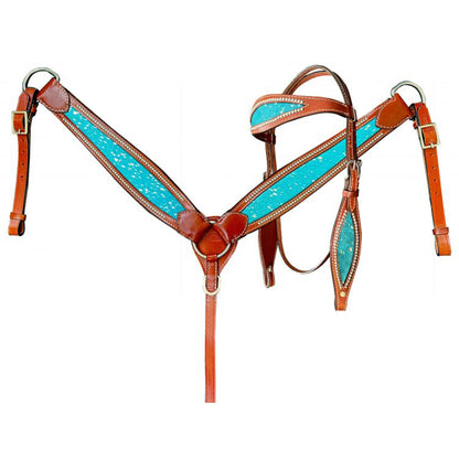 Teal Acid Wash Cowhide Inlay  Headstall and Breastcollar Tack Set