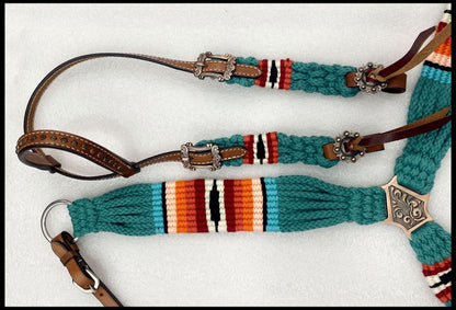 Retro Southwestern Serape Corded One Ear Headstall & Breast collar set - teal, orange, and red