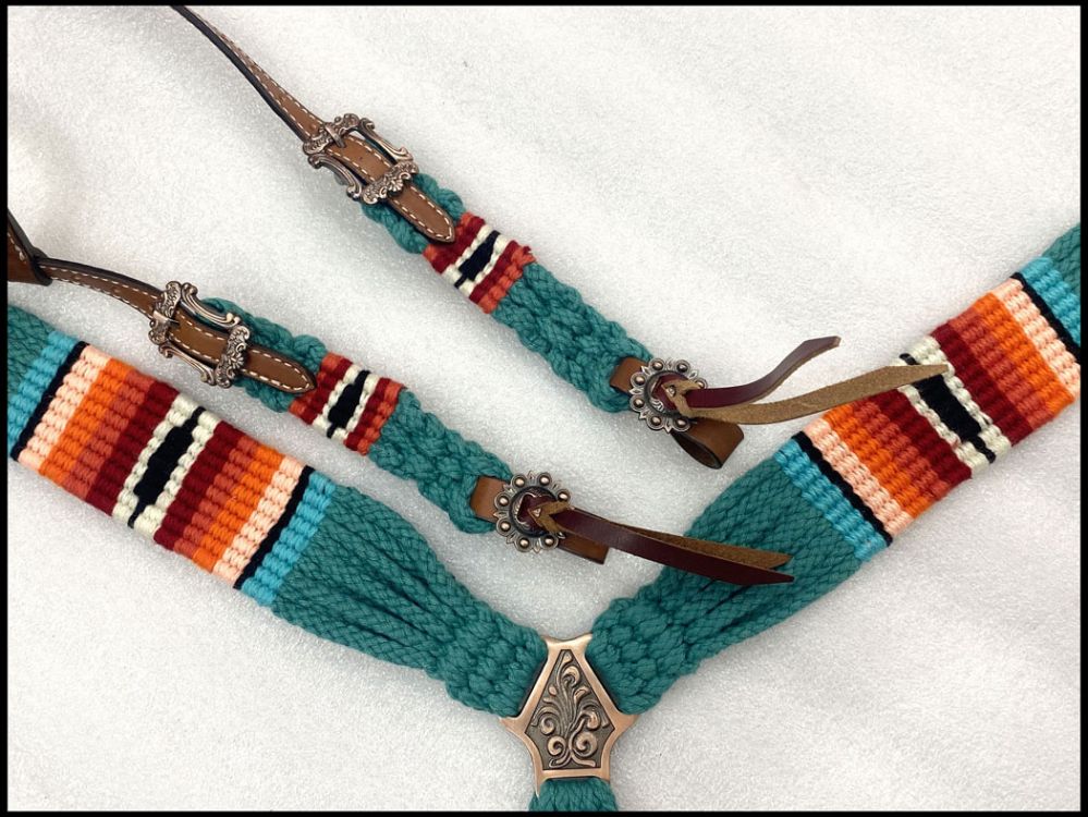 Retro Southwestern Serape Corded One Ear Headstall & Breast collar set - teal, orange, and red