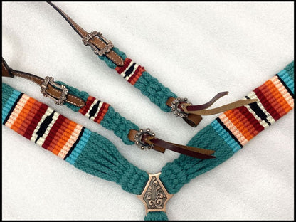 Retro Southwestern Serape Corded One Ear Headstall & Breast collar set - teal, orange, and red