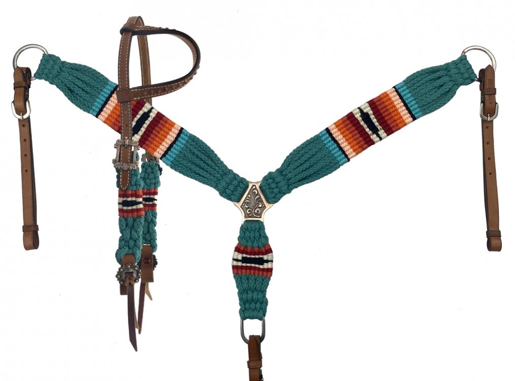 Retro Southwestern Serape Corded One Ear Headstall & Breast collar set - teal, orange, and red