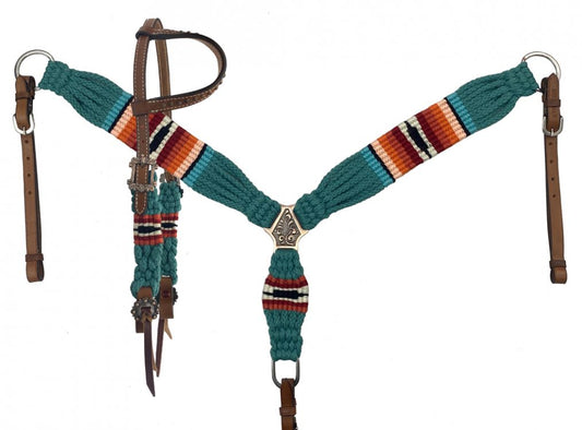 Retro Southwestern Serape Corded One Ear Headstall & Breast collar set - teal, orange, and red