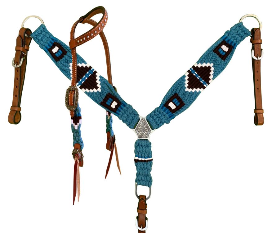 Turquoise/black Pony Sized Mohair Browband Headstall and Breastcollar Tack Set