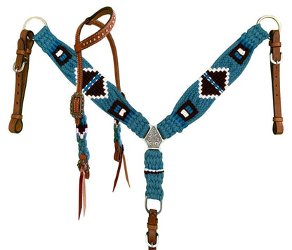 Turquoise/black Pony Sized Mohair Browband Headstall and Breastcollar Tack Set