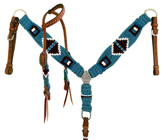 Turquoise/black Pony Sized Mohair Browband Headstall and Breastcollar Tack Set