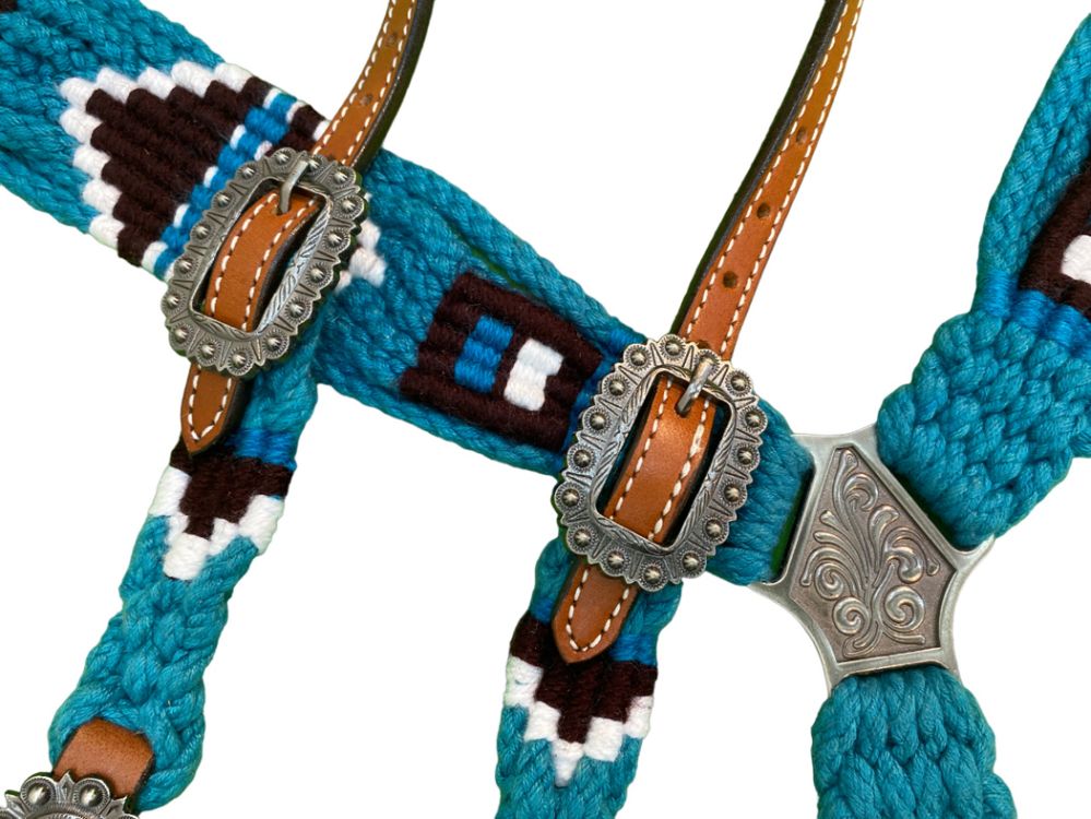 Turquoise/black Pony Sized Mohair Browband Headstall and Breastcollar Tack Set