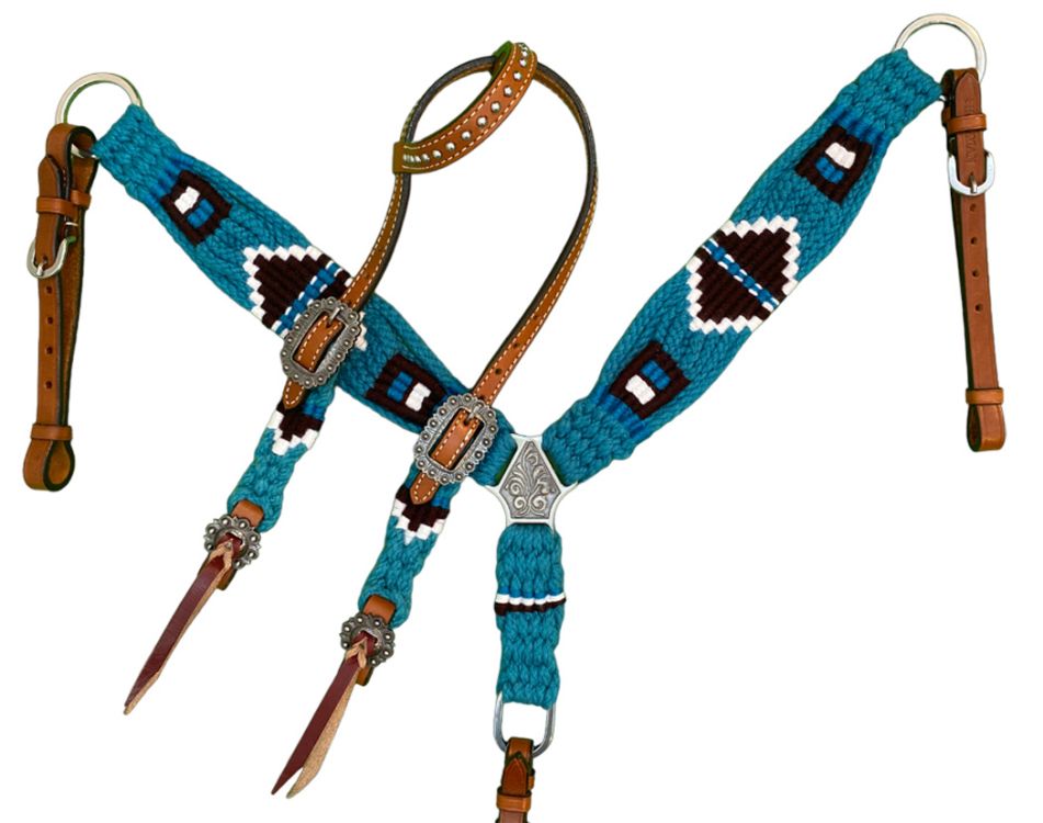 Turquoise/black Pony Sized Mohair Browband Headstall and Breastcollar Tack Set