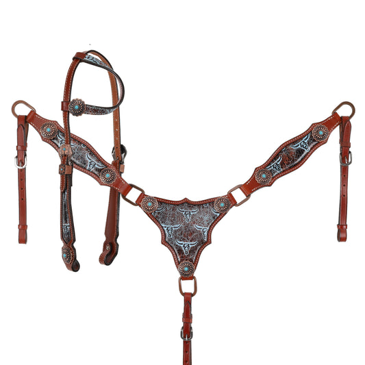 Weathered Steer One Ear Headstall and Gladiator Style Breastcollar Tack Set