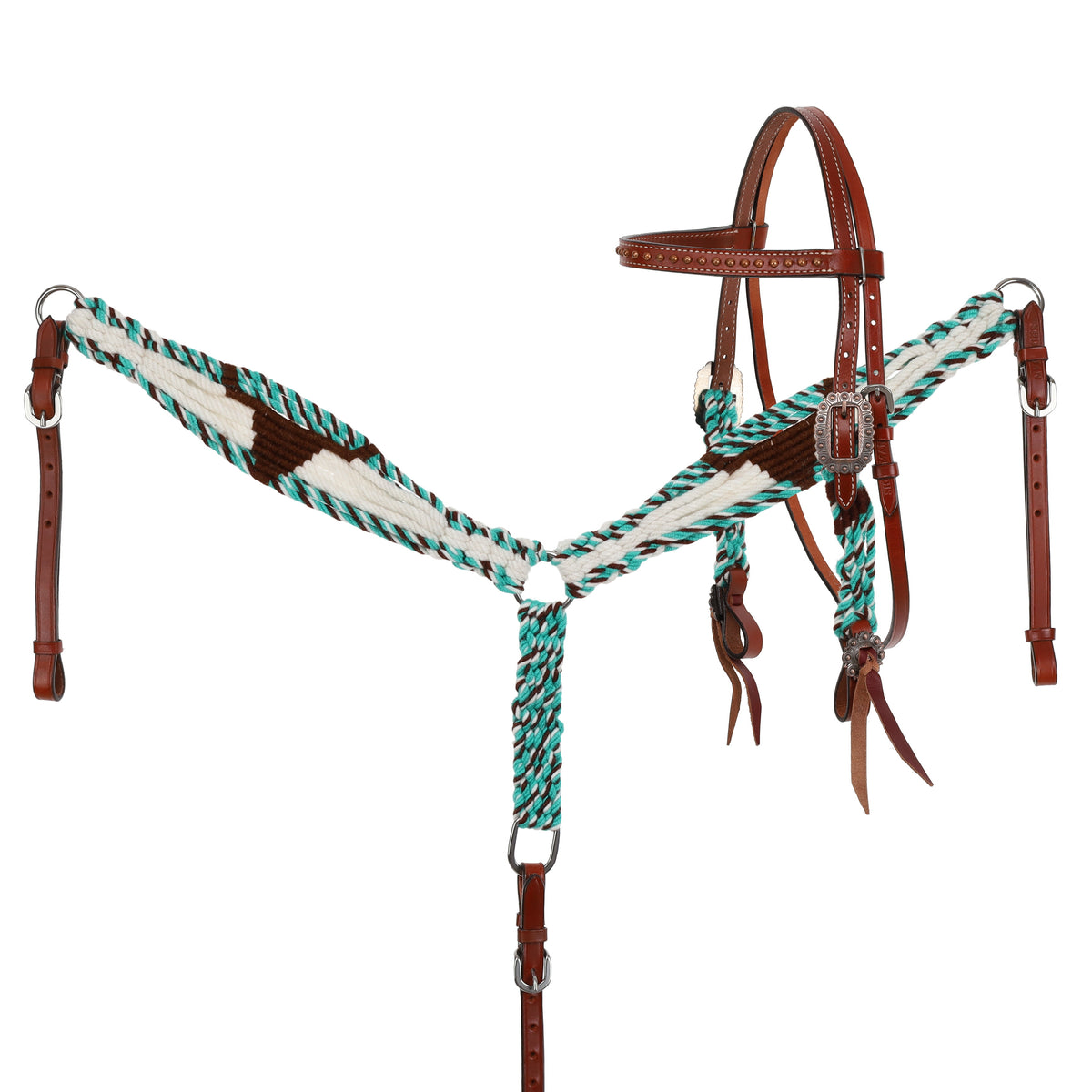 Cobalt Horns Mohair Browband Headstall and Breastcollar Tack Set - Teal, Brown, White