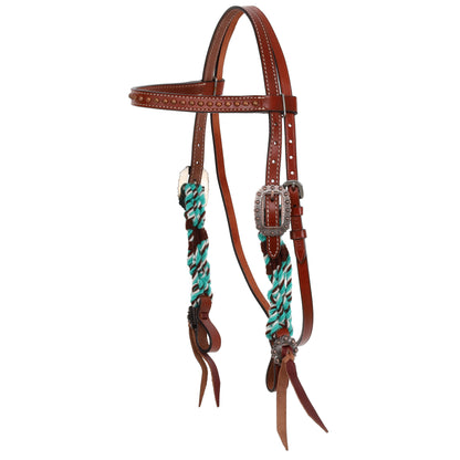 Cobalt Horns Mohair Browband Headstall and Breastcollar Tack Set - Teal, Brown, White