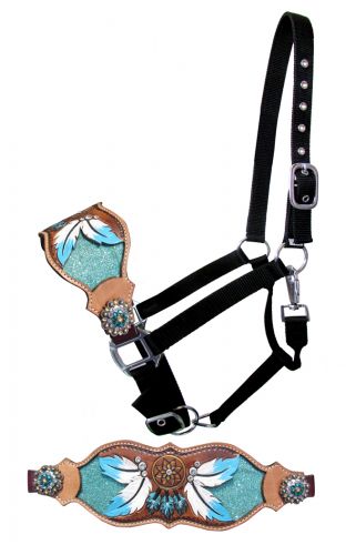 Dreamcatcher Teal Design Bronc Halter on Adjustable nylon