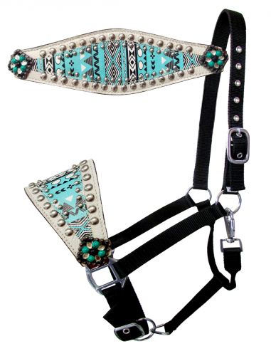 Teal Navajo print noseband with leather tassels Bronc Halter on Adjustable nylon