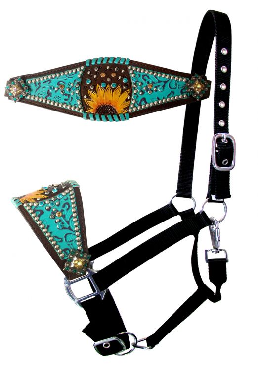 Teal Inlay Painted Sunflower Accent Bronc Halter on Adjustable nylon