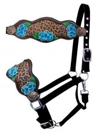 Cheetah Inlay Blue Painted Flower Bronc Halter on Adjustable nylon