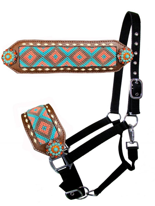 Southwest Inlay noseband with leather tassels Bronc Halter on Adjustable nylon