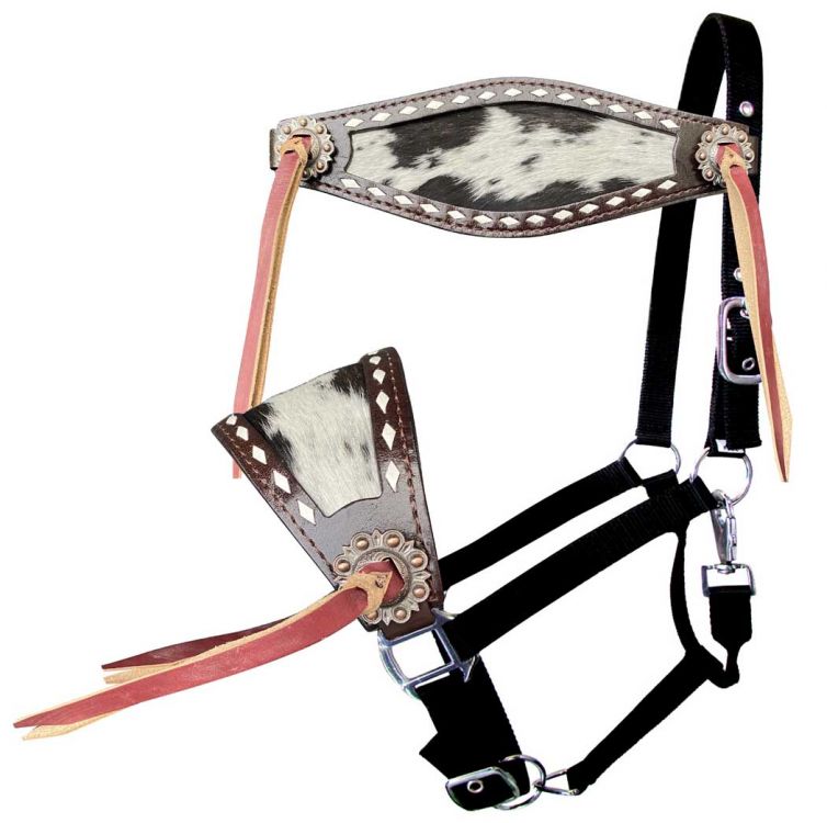 Cowhide noseband with leather tassels Bronc Halter on Adjustable nylon