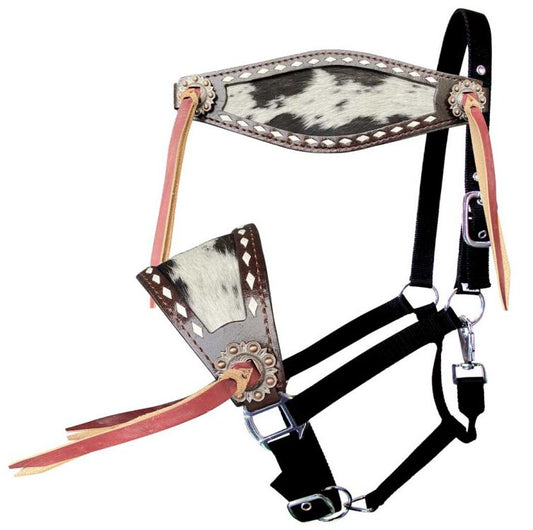 Cowhide noseband with leather tassels Bronc Halter on Adjustable nylon