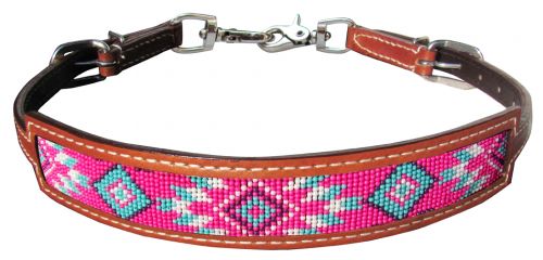 Pink Navajo Beaded Medium Oil leather Wither strap