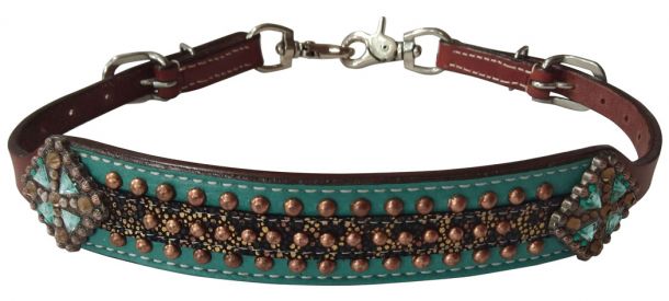Gold Metallic cheetah print wither strap with teal accent and beading