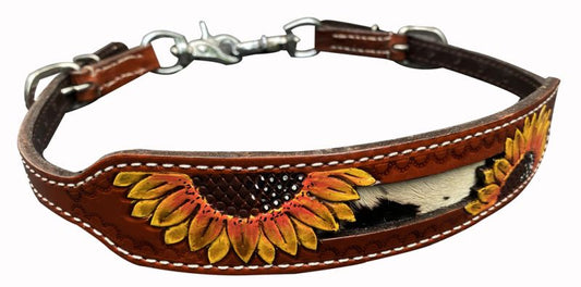 Painted Sunflower and hair on cowhide inlay wither strap