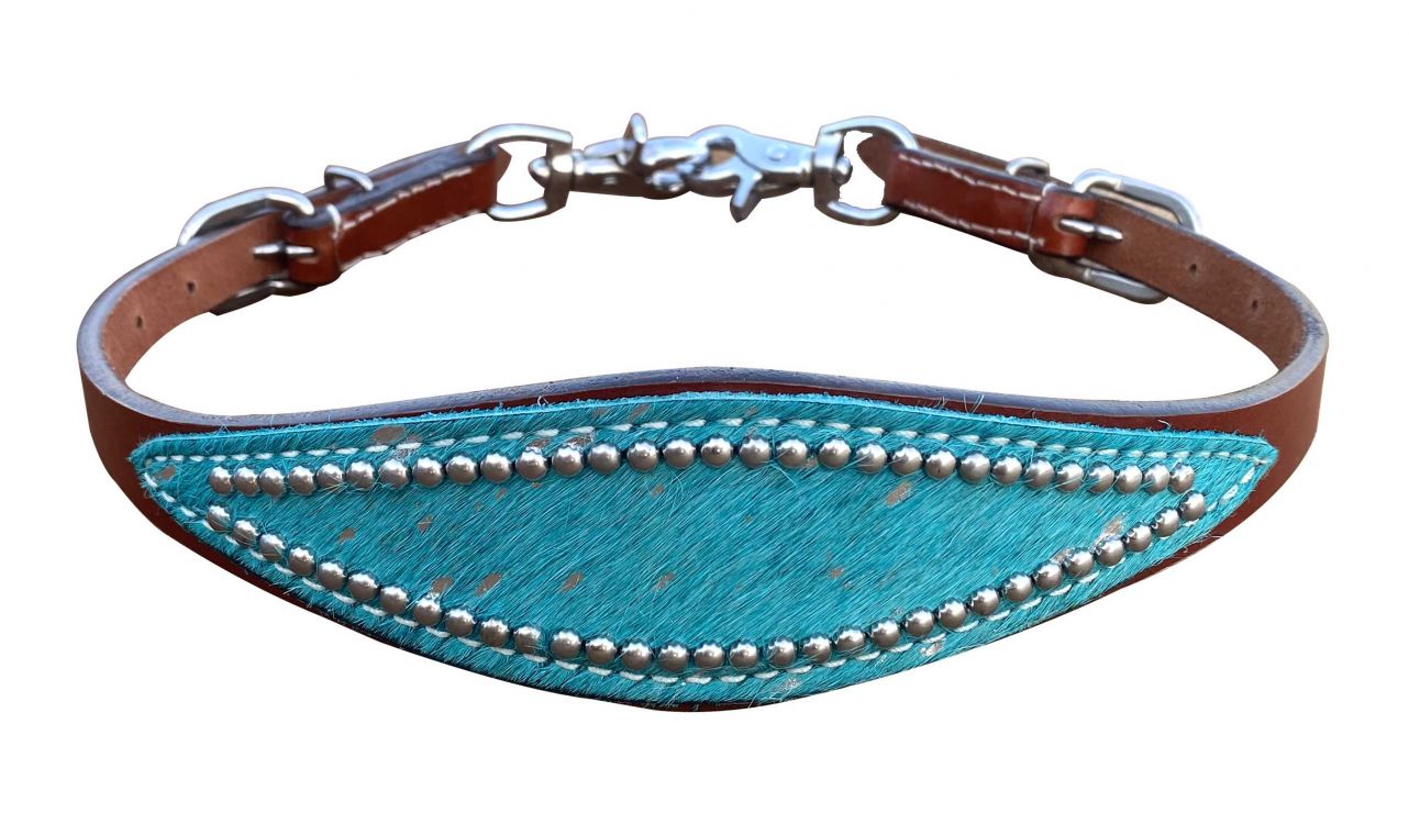 Medium Oil Leather with teal acid wash hair on cowhide overlay wither strap