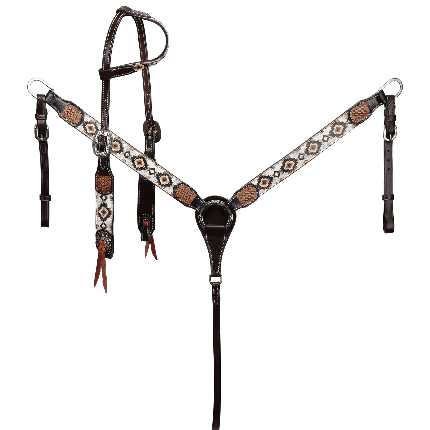 Showman Dark Oil Aztec Sunstone One Ear Headstall & Breast Collar Tack Set