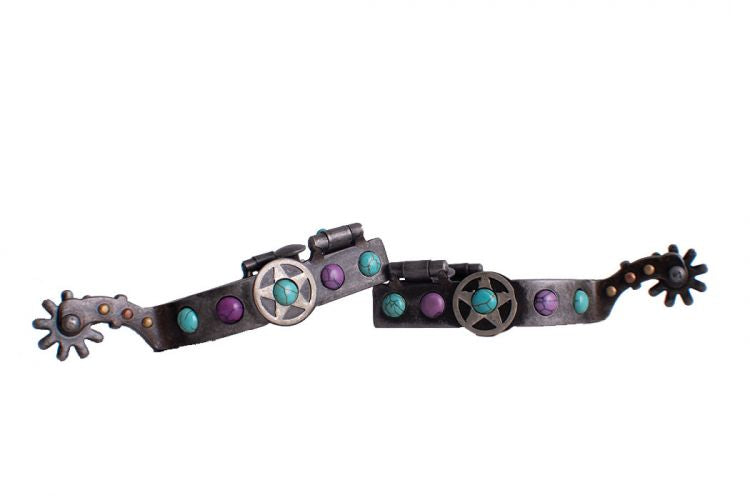 Antique gray steel spur with purple and teal marble studs and Texas star design
