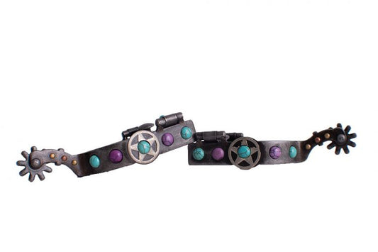 Antique gray steel spur with purple and teal marble studs and Texas star design