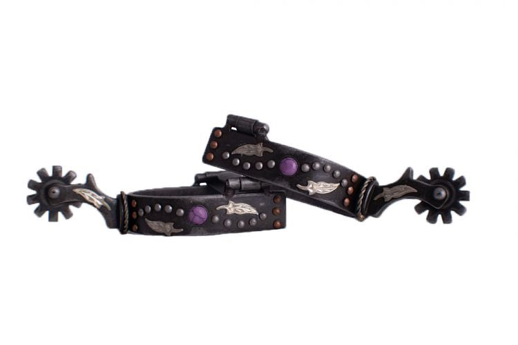 Antique gray steel spur with purple marble studs and silver and copper studs