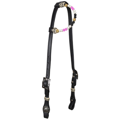 Pink Pearl Black Argentina Cow Leather One Ear Headstall