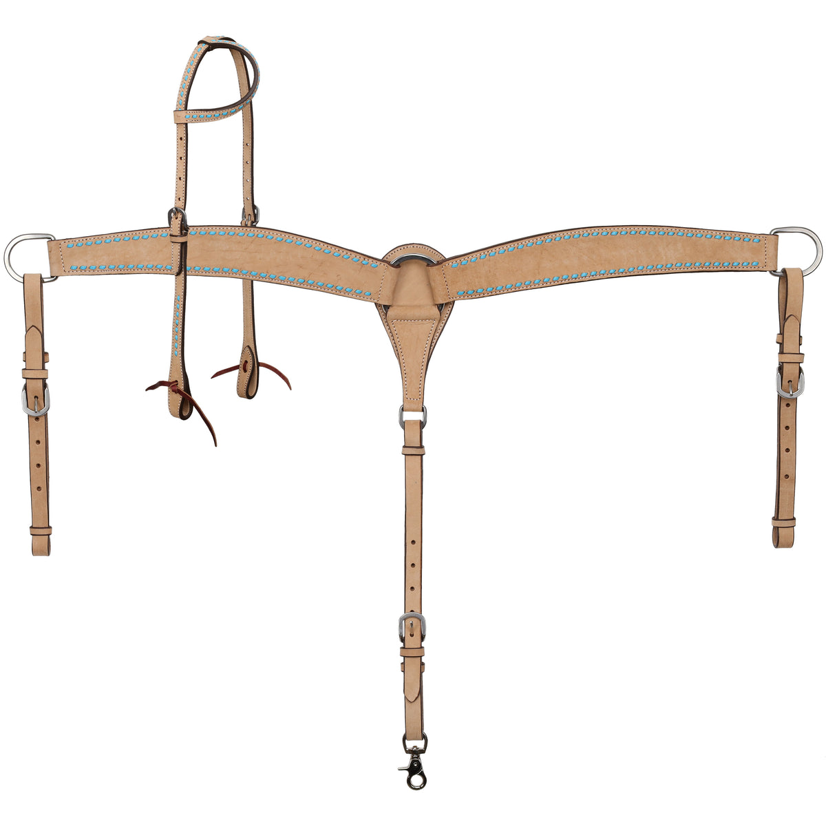 Stockyard Light Oil Roughout Teal Buckstitch One Ear Headstall and Breastcollar  Tack Set