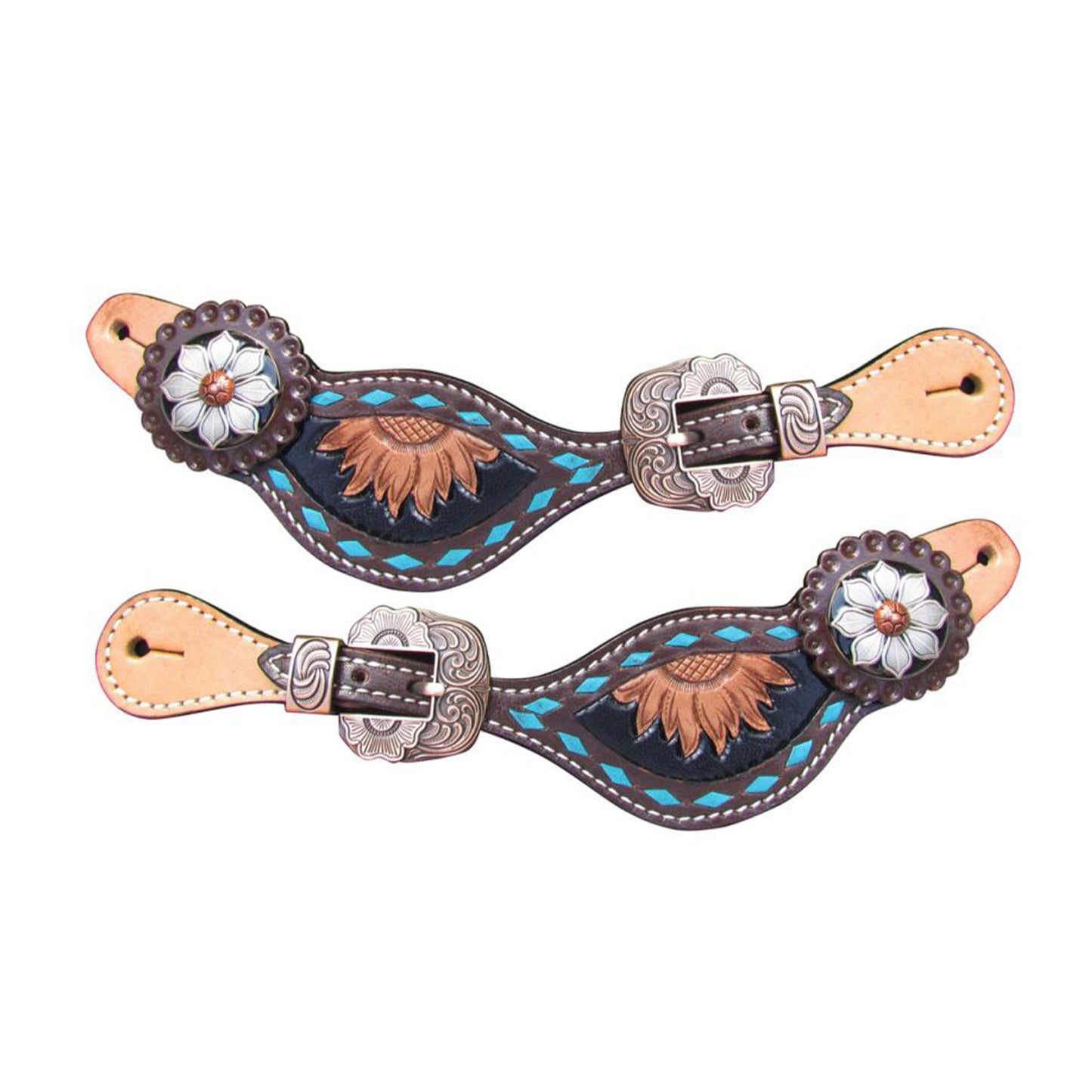 Sunflower Turquoise Buckstitch Trim Ladie's Argentina Cow Leather Spur Strap
