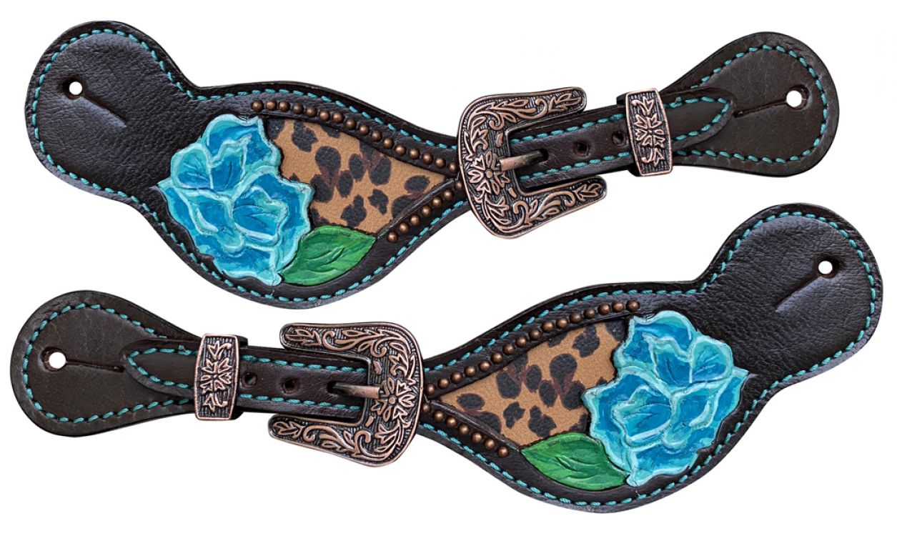 Cheetah Print Inlay with Painted flower design Ladies Spur Straps