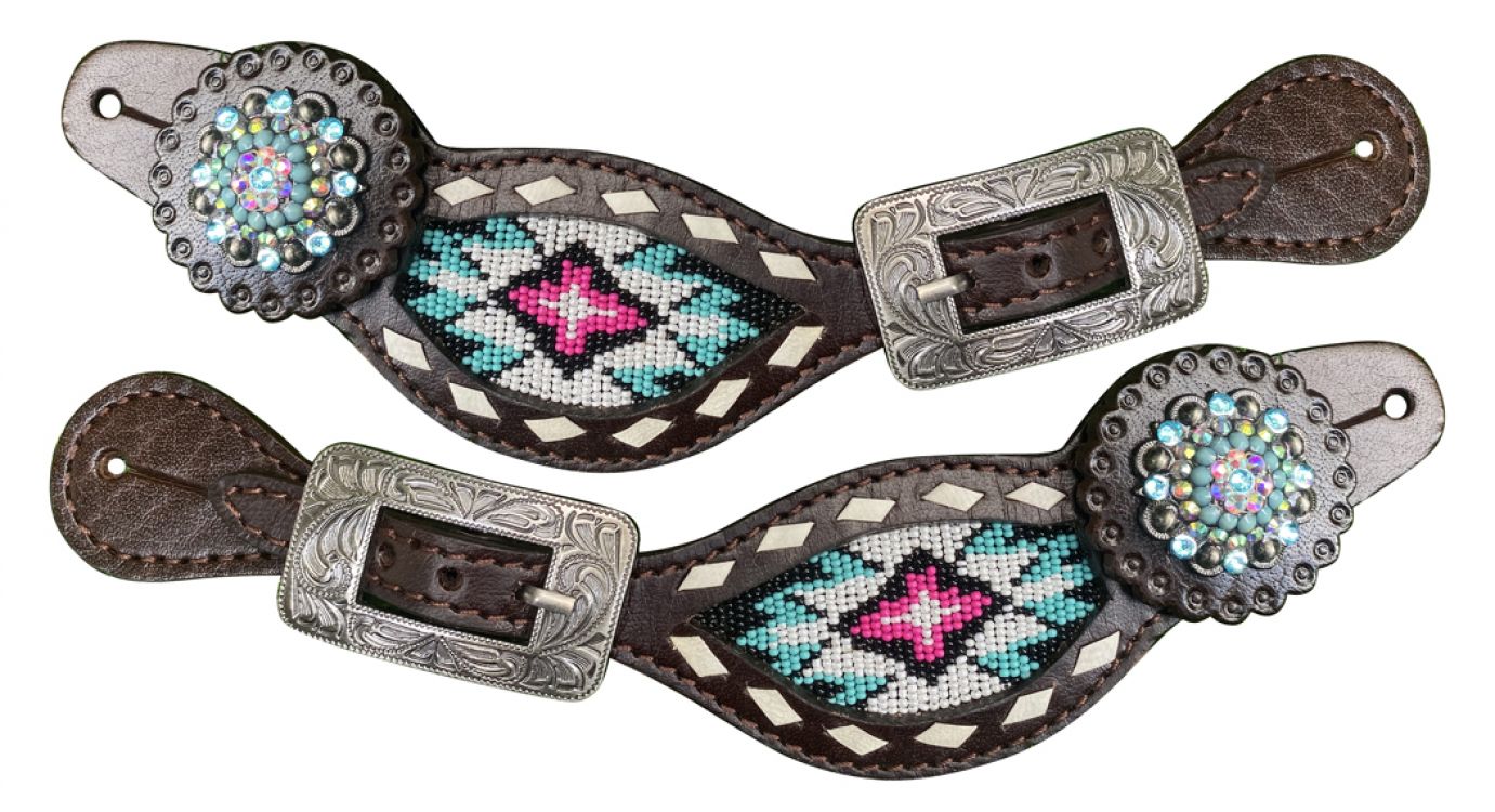 Pink and Teal Beaded Ladies Spur Straps with bling conchos