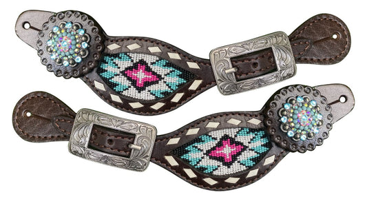 Pink and Teal Beaded Ladies Spur Straps with bling conchos