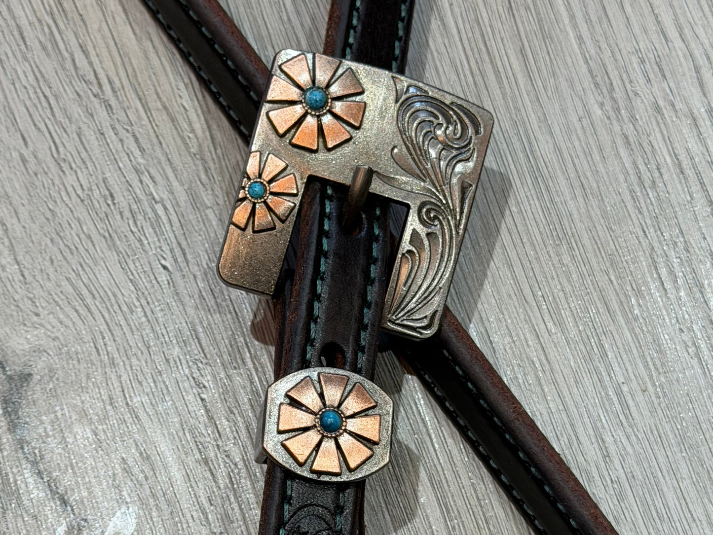 Square Turquoise Daisy Buckle One Ear Headstall Color Stitch– Premium Amish Leather by Spur Creek Tack