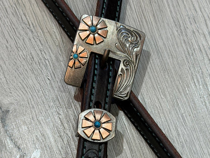 Square Turquoise Daisy Buckle One Ear Headstall Color Stitch– Premium Amish Leather by Spur Creek Tack