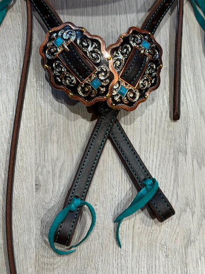 Scalloped Oval Turquoise Color Stitch Browband Headstall– Premium Amish Leather by Spur Creek Tack