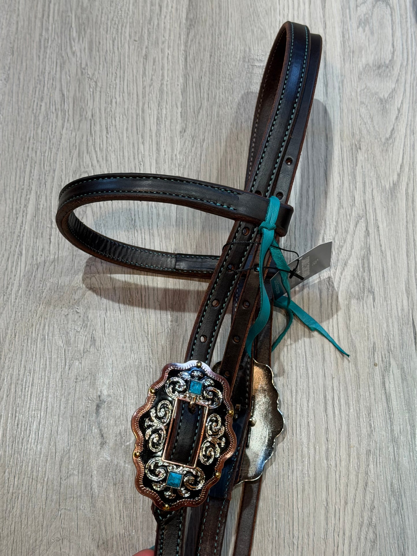 Scalloped Oval Turquoise Color Stitch Browband Headstall– Premium Amish Leather by Spur Creek Tack