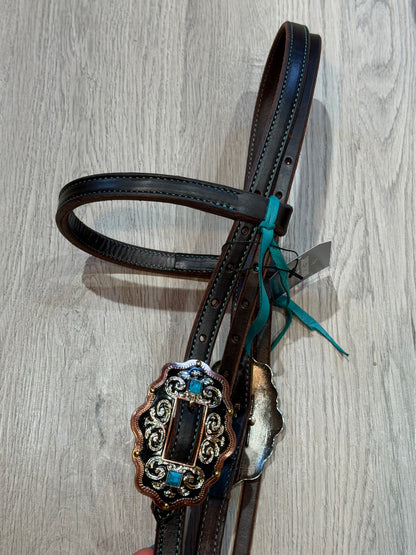 Scalloped Oval Turquoise Color Stitch Browband Headstall– Premium Amish Leather by Spur Creek Tack