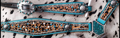 Showman Hair on Cheetah with Metallic Teal accent Browband Headstall and Breast Collar Tack Set