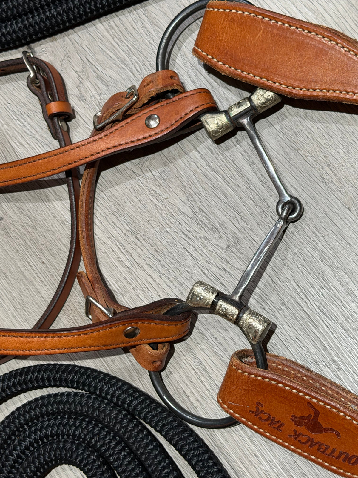 Clinton Anderson Snaffle Bit & Mecate Reins, Med. oil Tory Leather Headstall