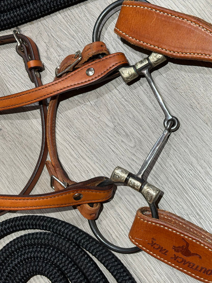 Clinton Anderson Snaffle Bit & Mecate Reins, Med. oil Tory Leather Headstall