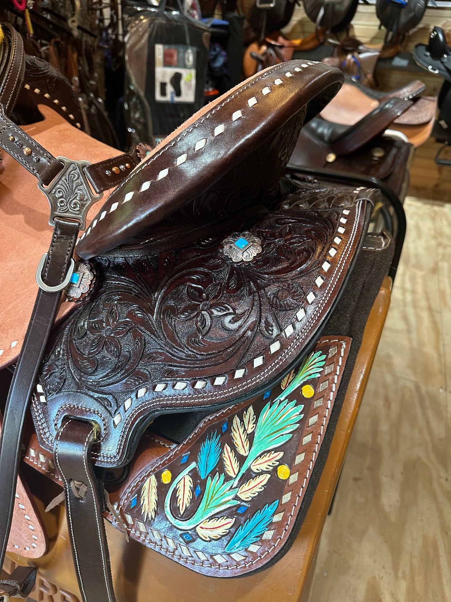16" Barrel style western saddle with floral tooled seat Model AS2814