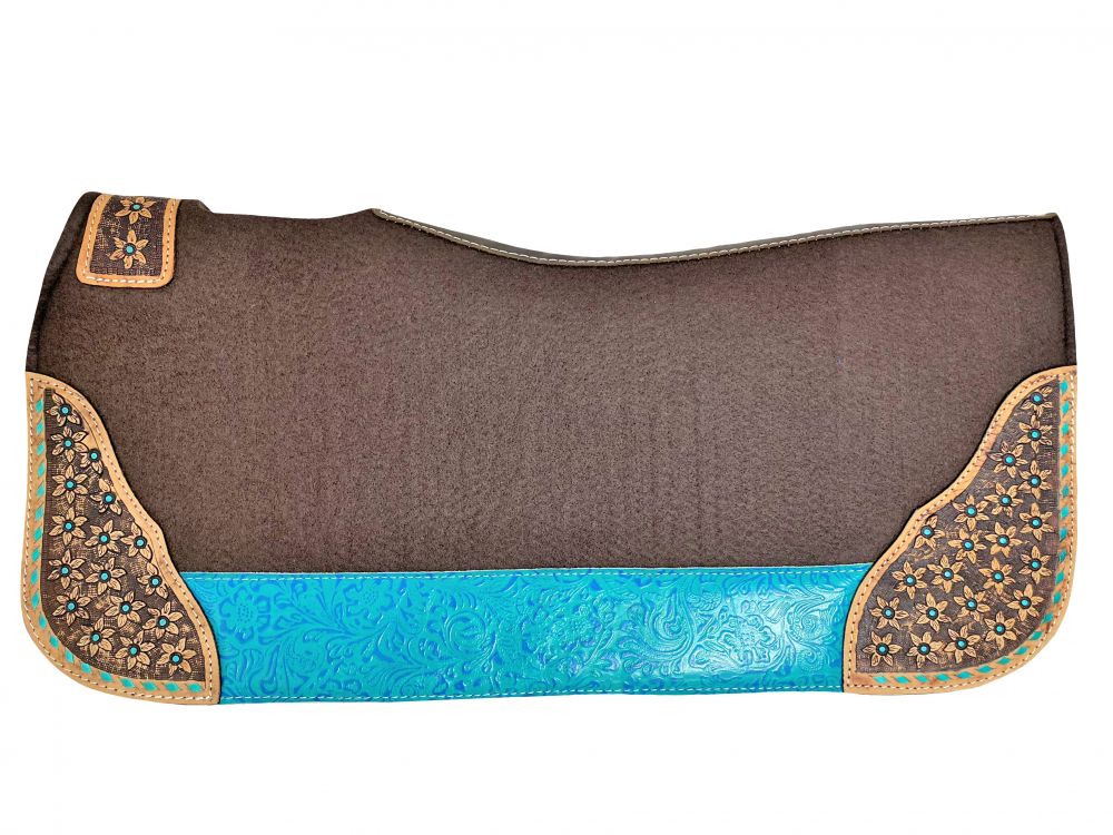 Teal Daisy Buckstitch Contoured 32" X 31" Heavy Duty Brown Felt Western Saddle Pad