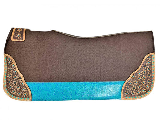 Teal Daisy Buckstitch Contoured 32" X 31" Heavy Duty Brown Felt Western Saddle Pad